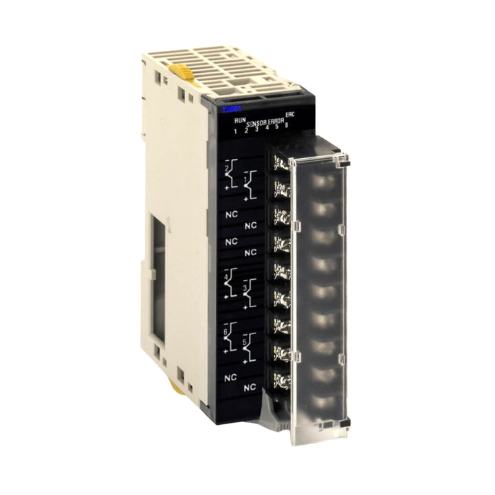 Omron CJ1W-TS561 6-channel thermocouple input unit supporting J and K types with 0.1°C resolution for CJ-series PLCs.