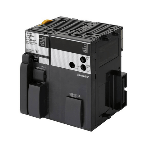 Omron CJ2H-CPU65-EIP high-speed PLC CPU with 400K steps, 20MB memory, built-in EtherNet/IP and USB for CJ-series control systems.