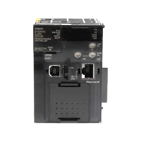 Omron CJ2M-CPU33 PLC CPU module with 20K steps, 2 serial ports, and USB. High-speed control for CJ2M automation systems. DIN rail mount.