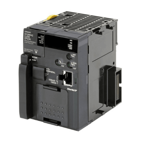 Omron CJ2M-CPU35 PLC with 80K steps program capacity, 160K words data memory, built-in EtherNet/IP and USB ports, supporting up to 2,560 I/O points.