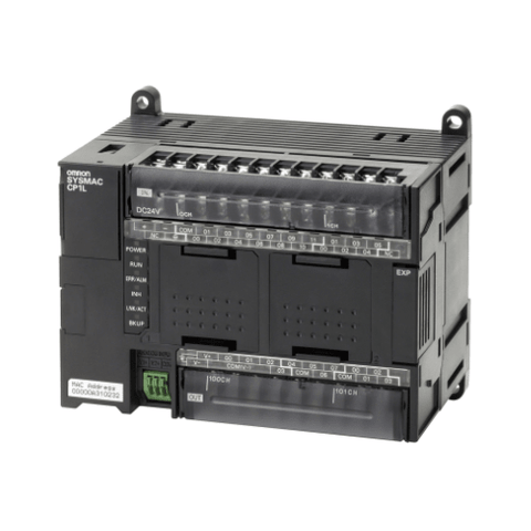 Omron CP1L-EM30DT1-D PLC with 18 digital inputs, 12 PNP transistor outputs, Ethernet port, and 24 VDC supply for versatile industrial automation.