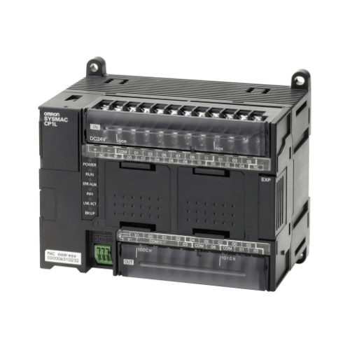 Omron CP1L-EM30DT1-D PLC with 18 digital inputs, 12 PNP transistor outputs, Ethernet port, and 24 VDC supply for versatile industrial automation.