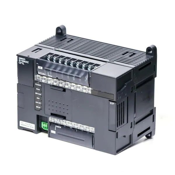 Omron CP1L-EM40DR-D PLC with 24 digital inputs, 16 relay outputs, embedded Ethernet, and 24 VDC supply for versatile industrial automation.