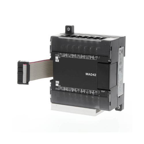 Omron CP1W-MAD42 analog I/O expansion module with 4 inputs and 2 outputs, 14-bit resolution, enhancing CP1 series PLCs with precise analog processing.