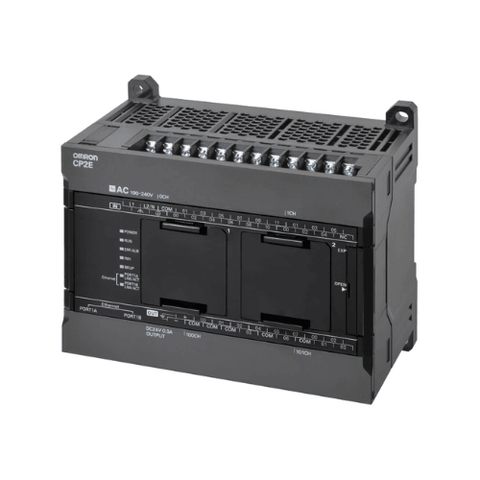 Omron CP2E-N30DT1-D compact PLC with 18 inputs, 12 PNP outputs, USB and RS-232C ports, and 24 VDC for general automation control.