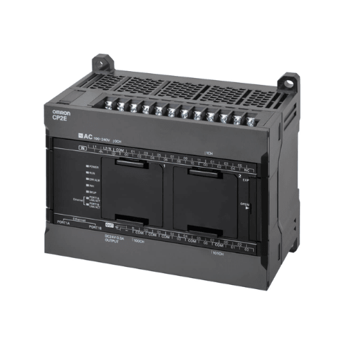 Omron CP2E-N30DT1-D compact PLC with 18 inputs, 12 PNP outputs, USB and RS-232C ports, and 24 VDC for general automation control.