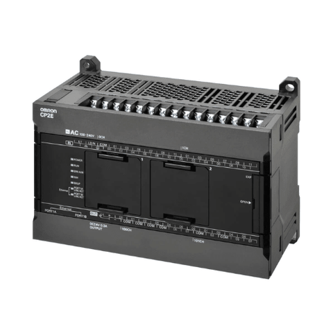 Omron CP2E-N40DT1-D compact PLC with 24 inputs, 16 PNP outputs, dual Ethernet ports, and advanced motion control for industrial automation.