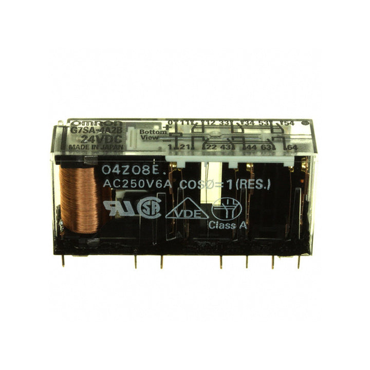 Omron G7SA-4A2B safety relay with 4NO + 2NC contacts, 24VDC coil voltage, and DIN rail mounting for industrial safety applications.