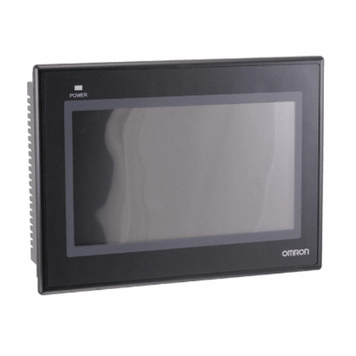 Omron NB7W-TW00B 7" HMI touchscreen with TFT LCD, 800×480 resolution, and multiple communication ports for industrial automation.