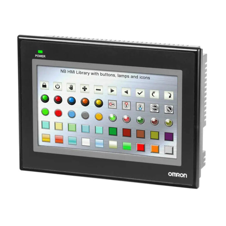 Omron NB7W-TW01B 7-inch TFT color HMI with 800×480 resolution, Ethernet, and USB host for industrial machine control.