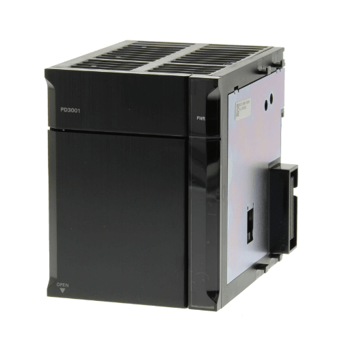 Omron NJ-PD3001 DC power supply unit with 24 VDC input, 5 VDC/6.0 A and 24 VDC/1.0 A outputs, and RUN output indicator for NJ-Series controllers.