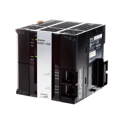 Omron NJ301-1100 machine automation controller with 4-axis motion, EtherCAT/EtherNet/IP, and 2MB memory for high-speed control.