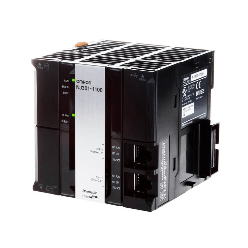 Omron NJ301-1100 machine automation controller with 4-axis motion, EtherCAT/EtherNet/IP, and 2MB memory for high-speed control.