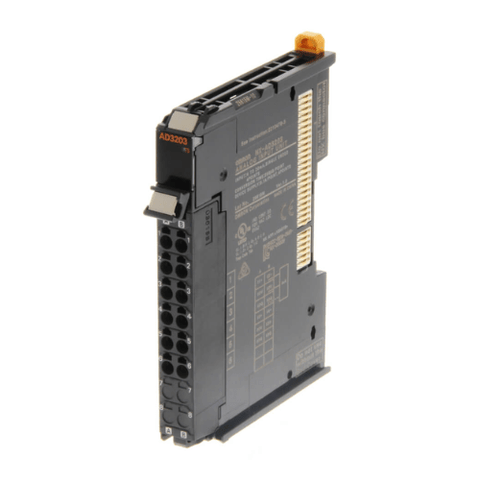 Omron NX-AD3203 4-channel analog input module with 16-bit resolution, voltage/current input, for NX-series PLC automation systems.