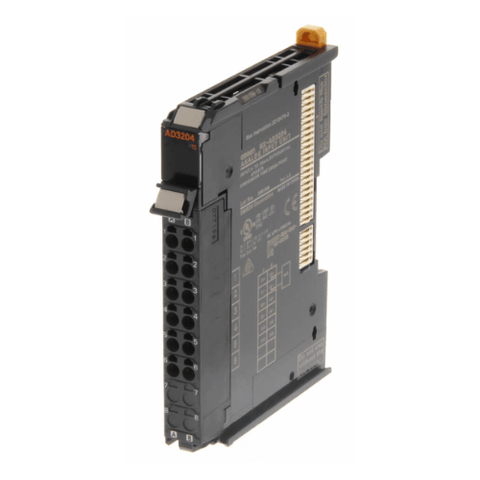 Omron NX-AD3204 4-channel analog input unit with 4–20 mA input range, 13-bit resolution, and push-in terminals for NX-Series I/O systems.