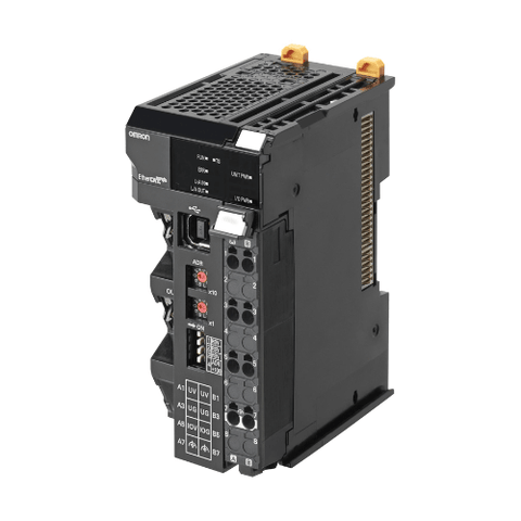 Omron NX-ECC203 EtherCAT coupler unit with functional safety support, connects up to 63 NX I/O units for fast, safe industrial automation.