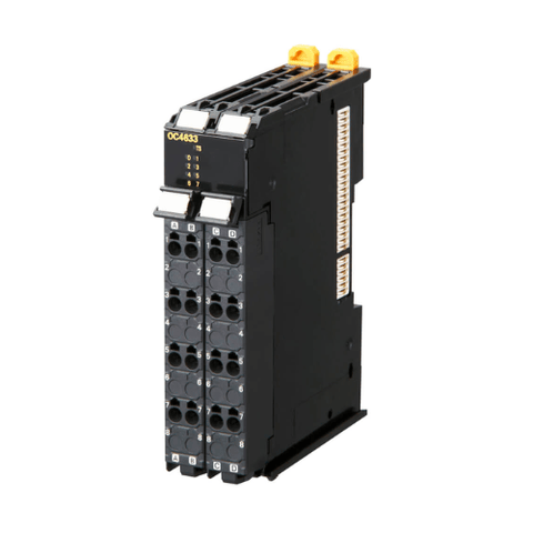 Omron NX-OC4633 8-channel relay output unit with 2 A per channel capacity at 24 VDC or 250 VAC, featuring push-in terminals for NX-Series I/O systems.