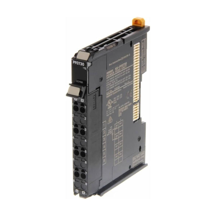 Omron NX-PF0730 power supply unit with 24 VDC input and 7 A output for NX Series I/O modules, compact DIN rail design with short-circuit protection.