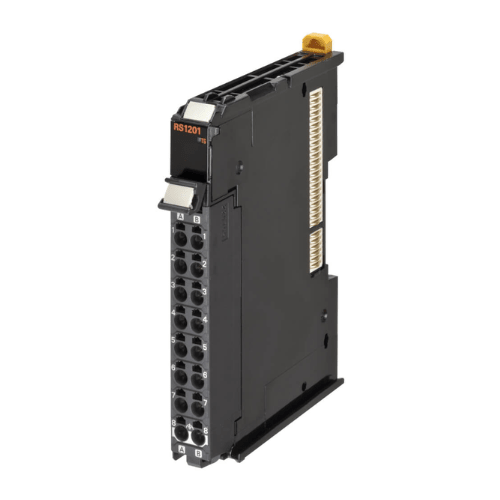 Omron NX-RS1201 load cell input unit with 24-bit resolution, 125 μs conversion time, and IP20 rating for precise industrial weight measurements.