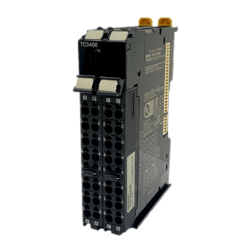 Omron NX-TC3406 4-channel temperature control unit with thermocouple/Pt100 inputs, PNP outputs, DIN rail mount.