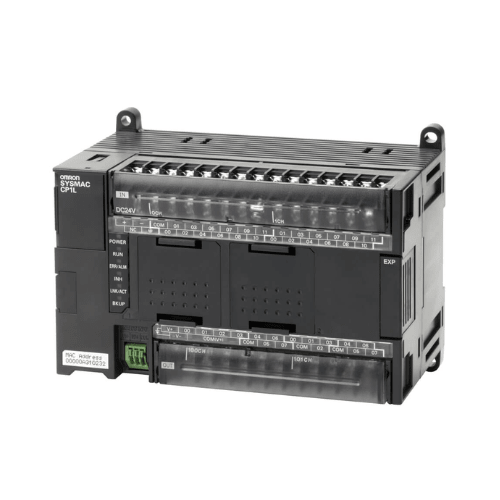 Omron NX1P2-1040DT1 compact PLC with 24 inputs, 16 transistor outputs, EtherCAT, EtherNet/IP, and motion control for industrial automation.