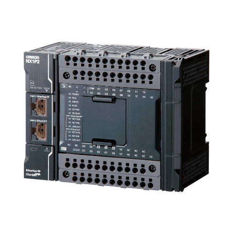 Omron NX1P2-9024DT compact machine automation controller with 24 built-in I/O points, EtherCAT and EtherNet/IP ports, and 1.5 MB program memory.