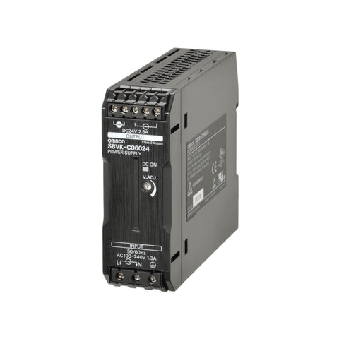 Omron S8VK-C06024 60W DIN rail power supply with 24V DC output, universal AC/DC input, and compact design for industrial applications.