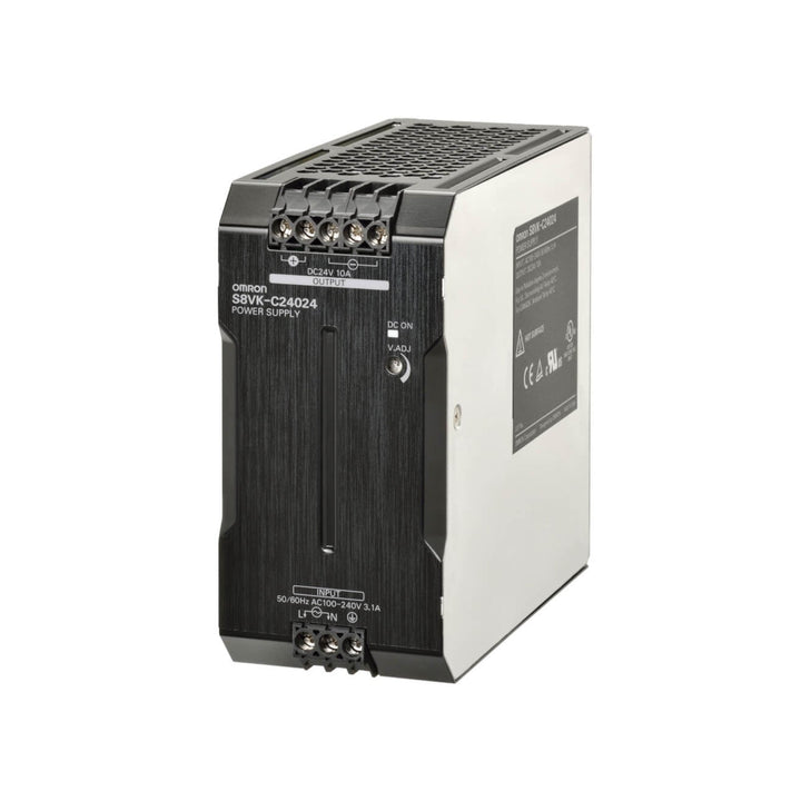 Omron S8VK-C24024 power supply, 240W 24V DC output with wide AC/DC input range and DIN rail mount. Compact and reliable for industrial use.