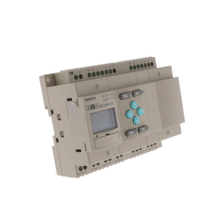 Omron ZEN-20C3AR-A-V2 programmable relay with 12 inputs, 8 relay outputs, LCD screen, and 100–240 VAC power supply for small control systems.