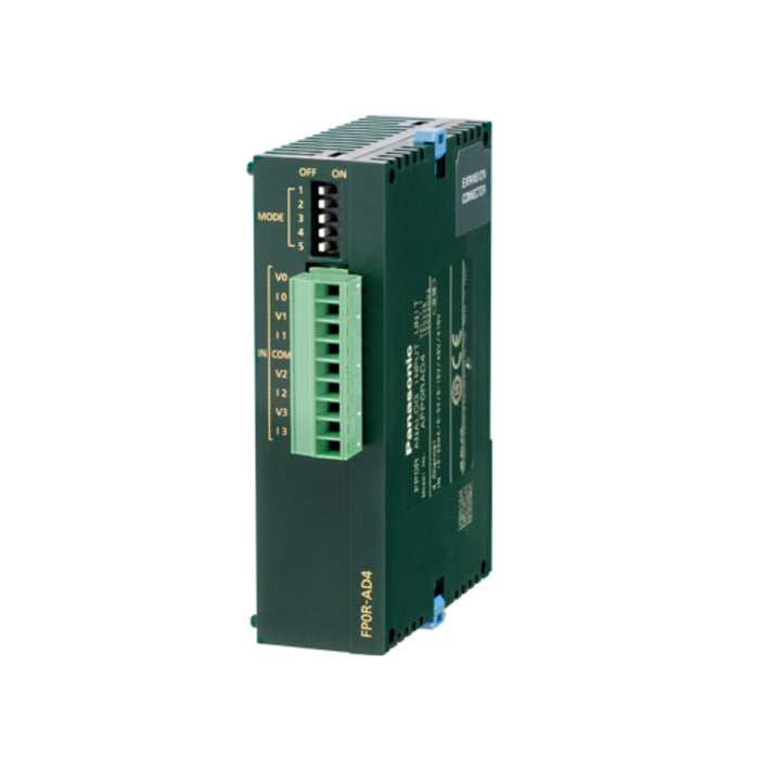 Panasonic AFP0RAD4 analog input module, 4 channels, 14-bit resolution, supports voltage and current inputs, compatible with FP0R PLCs.
