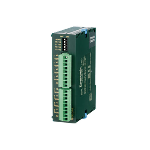 Panasonic AFP0RDA4 analog output module, 4 channels, ±10 V or 4–20 mA, FP0R PLC compatible, compact DIN-mountable design.