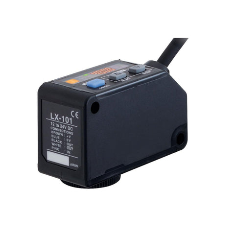 Panasonic LX-101 mark sensor for color detection with red LED, NPN output, and high-speed response. Ideal for printing and packaging lines.
