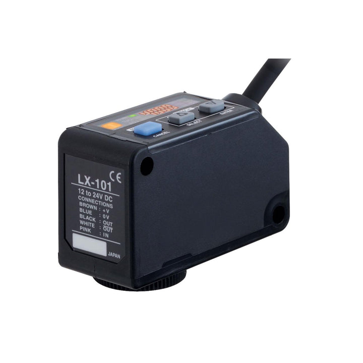 Panasonic LX-101 mark sensor for color detection with red LED, NPN output, and high-speed response. Ideal for printing and packaging lines.