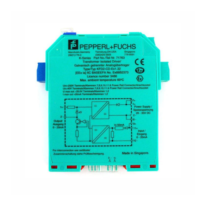 Pepperl+Fuchs KFD2-CD-Ex1.32 analog signal isolator, SIL 2, 0–20 mA/0–10 V output, for driving I/P converters in hazardous areas.