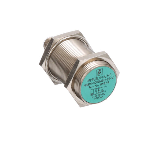 Pepperl+Fuchs NBB15-30GM50-E2-V1 inductive sensor, 15 mm range, PNP NO, 10–30V DC, M30 housing, M12 connector, IP67 rated.