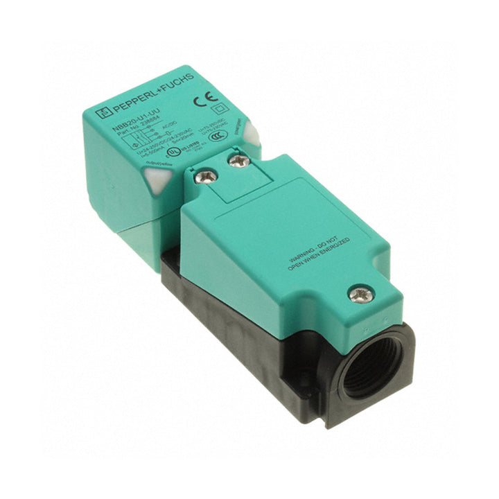 Pepperl+Fuchs NBB20-U1-UU inductive sensor, 20 mm flush, 2-wire AC/DC, IP67-rated rectangular housing, prewired cable.