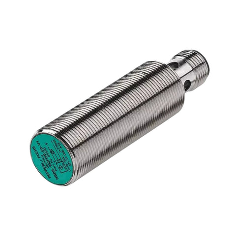 Pepperl+Fuchs NBB8-18GM50-E2-V1 inductive proximity sensor with 8 mm sensing distance, PNP NO output, M18 threaded housing, and M12 connector.