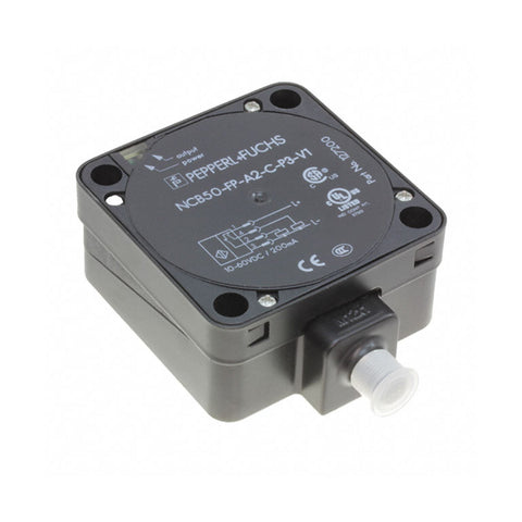 Pepperl+Fuchs NCB50-FP-A2-C-P3-V1 inductive proximity sensor with 50 mm sensing distance, PNP output, and flush mount design for industrial automation.