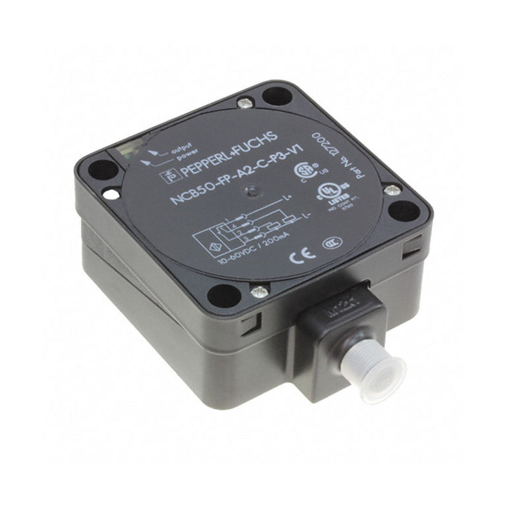 Pepperl+Fuchs NCB50-FP-A2-C-P3-V1 inductive proximity sensor with 50 mm sensing distance, PNP output, and flush mount design for industrial automation.