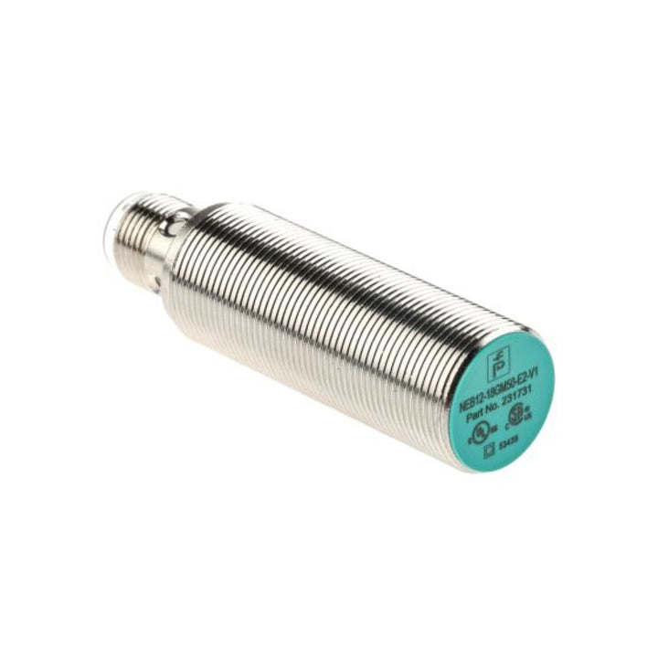 Pepperl+Fuchs NEB12-18GM50-E2-V1 inductive sensor, 12mm range, PNP NO, 10–30V DC, IP67, M12 connector, brass housing, part 231731.