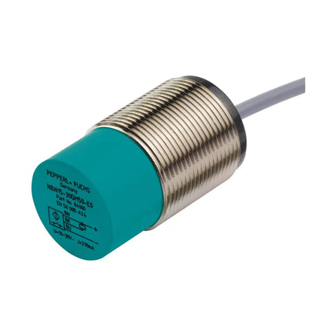 Pepperl+Fuchs NEN40-30GM60-E2-V1 inductive proximity sensor with 40 mm sensing distance, PNP output, and M30 threaded housing for industrial automation.