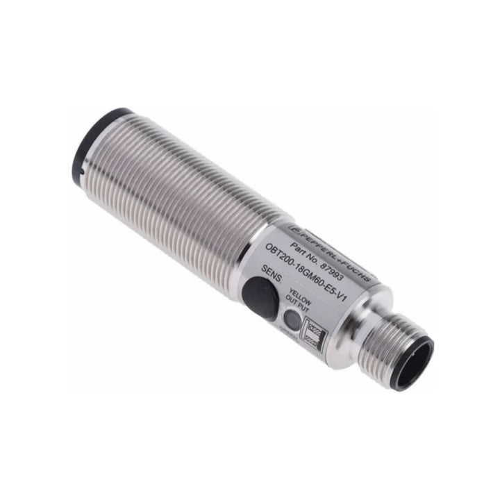 Pepperl+Fuchs OBT200-18GM60-E5-V1 diffuse photoelectric sensor, 200 mm range, M18 housing, PNP NO, V1 connector, part no. 087993.
