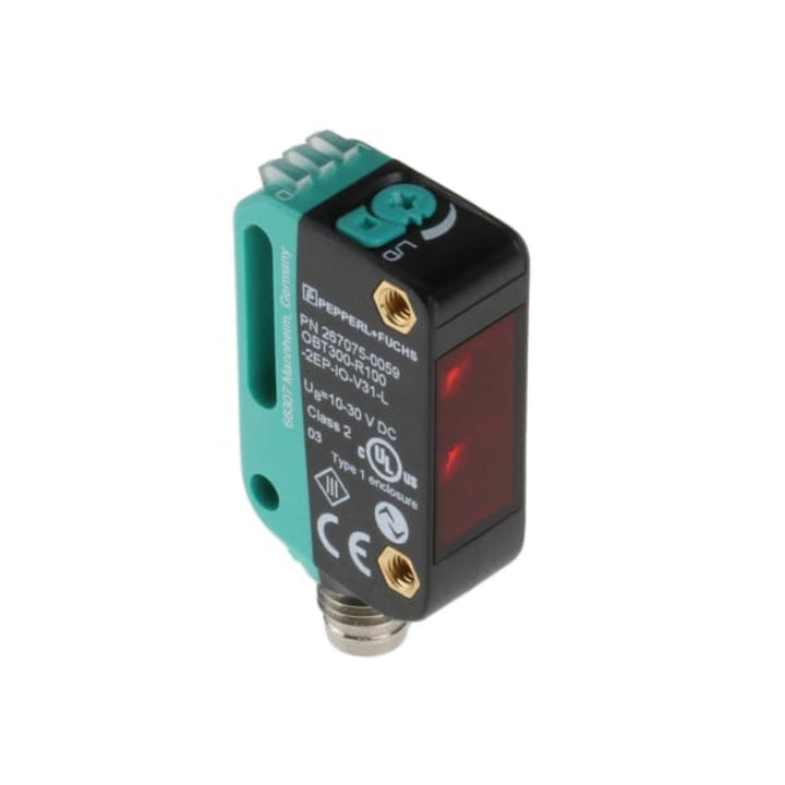 Pepperl+Fuchs OBT300-R100-2EP-IO-V31-L photoelectric diffuse sensor, 300mm range, IO-Link, 2 PNP outputs, part no. 267075-0059.