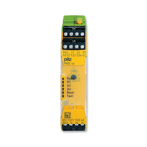 Pilz 751104 (PNOZ s4.1) safety relay for industrial automation, providing emergency stop and safety monitoring with fast response and easy integration.