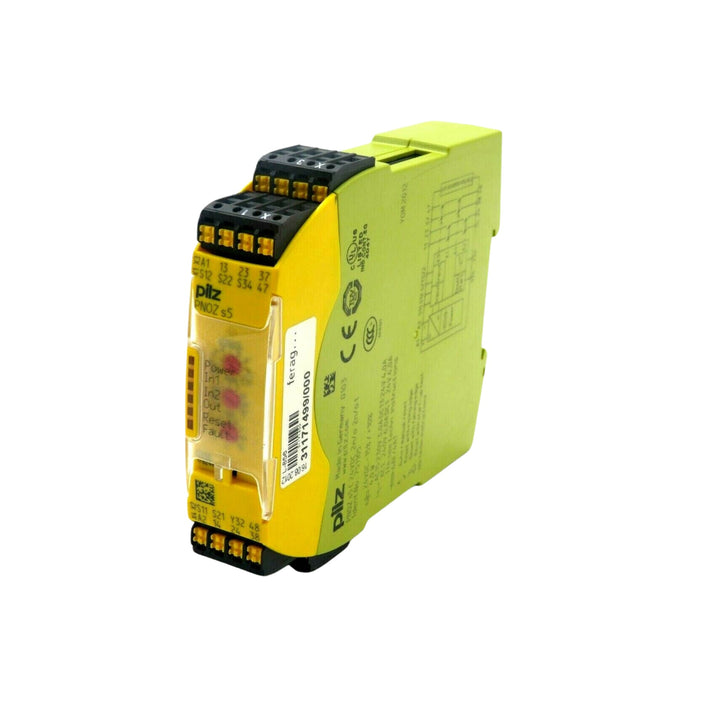 Pilz 751105 (PNOZ s5 C) safety relay with 2 instantaneous and 2 time-delayed N/O contacts, 24V DC operation, and adjustable time delay for industrial safety applications.