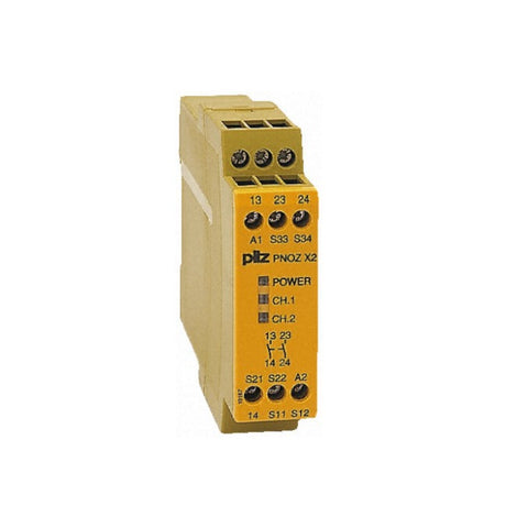 Pilz 774303 (PNOZ X2) safety relay with 2 N/O safety contacts, 24V AC/DC operation, suitable for monitoring E-STOPs and safety gates in industrial applications.