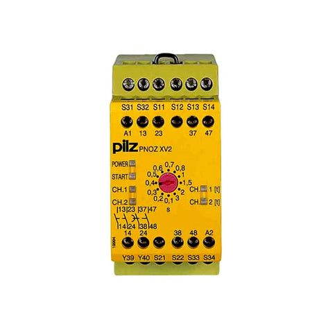 Pilz 774500 (PNOZ XV2) safety relay for industrial automation, providing emergency stop and safety monitoring with adjustable time delay and easy integration.