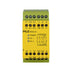 Pilz 774730 (PNOZ X4) safety relay with 3 N/O safety contacts and 1 N/C auxiliary contact for monitoring E-STOPs, safety gates, and light barriers.