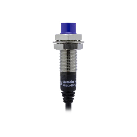 Autonics PRD12-8DP inductive proximity sensor with 8 mm range, M12 housing, and PNP output.