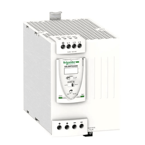 Schneider Electric ABL8WPS24200 24V DC power supply, 200 W, DIN rail mount, wide input range, and reliable output for industrial control systems.